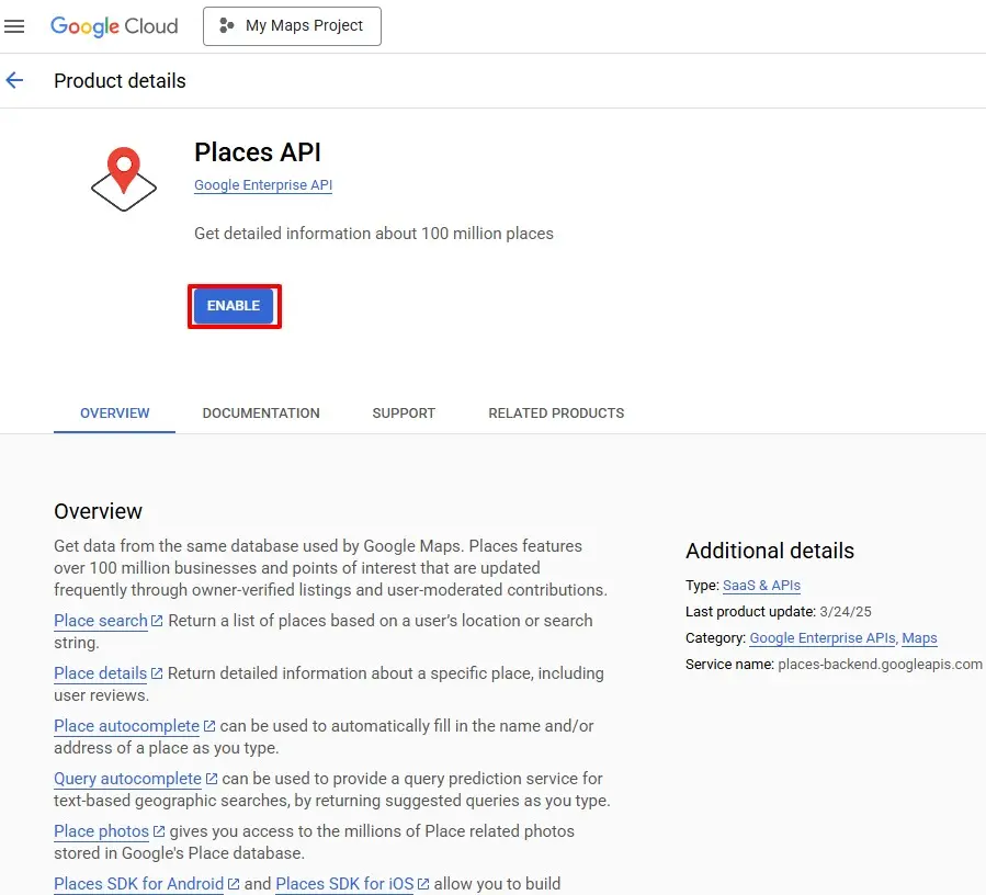 Enable places API