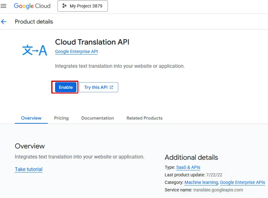 enabled cloud translation API